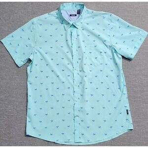 IZOD Mens XL Short Sleeve Button Down Shirt Mint Green Blue Dog Print Stretch